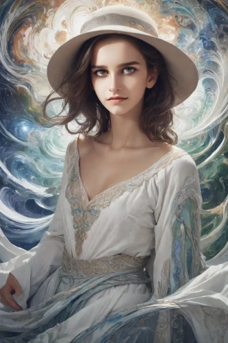 mystical portrait of a girl,fantasy portrait,fantasy art,fantasy picture,cosmos wind,the sea maid,the hat of the woman,horoscope libra,white cosmos,faerie,the enchantress,sorceress,fantasy woman,world digital painting,white lady,white rose snow queen,zodiac sign libra,faery,blue moon rose,enchanting,Photography,Realistic