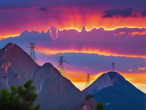 mountain sunrise,alpine sunset,mountain peak,mountain landscape,electricity pylons,mountain scene,mountainous landscape,japanese mountains,mountain range,landscape background,mountains,world digital painting,transmission tower,powerlines,fire in the mountains,fire mountain,mountain,high mountains,mountain world,giant mountains,Photography,General,Realistic