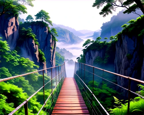 scenic bridge,zhangjiajie,landscape background,cartoon video game background,japan landscape,hiking path,huangshan mountains,vietnam,hanging bridge,mountainous landscape,huangshan maofeng,guizhou,suspension bridge,wooden bridge,canopy walkway,mountain landscape,dragon bridge,bamboo forest,walkway,the natural scenery,Illustration,Japanese style,Japanese Style 03