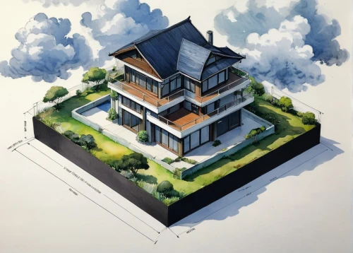 house drawing,garden elevation,architect plan,3d rendering,house shape,isometric,houses clipart,landscape design sydney,asian architecture,floorplan home,two story house,modern house,house floorplan,japanese architecture,landscape designers sydney,residential house,kirrarchitecture,architect,architectural style,landscape plan,Illustration,Japanese style,Japanese Style 10