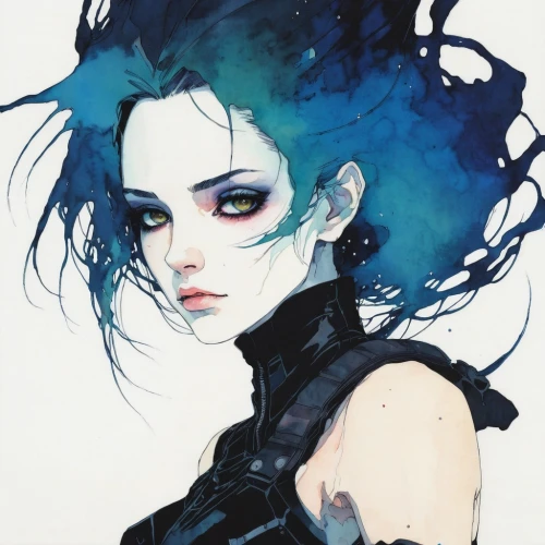 goth woman,watercolor blue,widowmaker,widow,fashion illustration,goth,blue hair,bluejay,blue enchantress,watercolor,raven girl,amano,gothic woman,winterblueher,bjork,raven,gothic fashion,rarity,goth like,blue painting,Illustration,Paper based,Paper Based 19