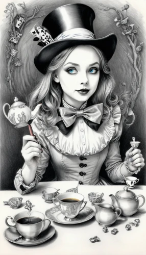 tea party,tea party collection,coffee tea illustration,girl with cereal bowl,alice in wonderland,tea party cat,hatter,tea service,woman drinking coffee,alice,teacup,cup and saucer,tea time,tea cup,teatime,silversmith,victorian lady,tearoom,chinaware,tea card,Illustration,Black and White,Black and White 30