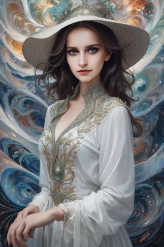 fantasy portrait,mystical portrait of a girl,fantasy art,fantasy picture,white lady,white rose snow queen,white cosmos,sorceress,the hat of the woman,the enchantress,fantasy woman,priestess,baroque angel,world digital painting,the sea maid,sky rose,victorian lady,moonflower,cosmos wind,romantic portrait,Photography,Realistic