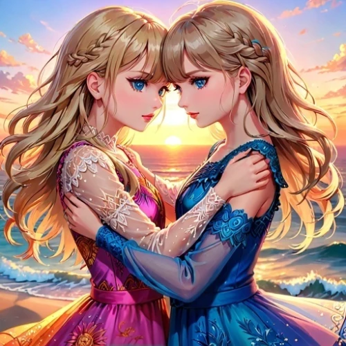 two girls,cg artwork,princesses,rainbow background,girl kiss,fantasy picture,beautiful photo girls,fairy tale,romantic portrait,two hearts,background image,serenade,sisters,together,hands holding,the hands embrace,3d fantasy,angels,a fairy tale,fairytales