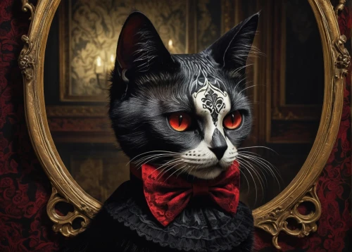 gothic portrait,cat portrait,halloween cat,feline look,magic mirror,cat frame,black cat,vintage cat,chartreux,cat image,victorian style,masquerade,the cat,red cat,halloween black cat,victorian lady,jiji the cat,aristocrat,feline,mirror of souls,Illustration,Black and White,Black and White 23