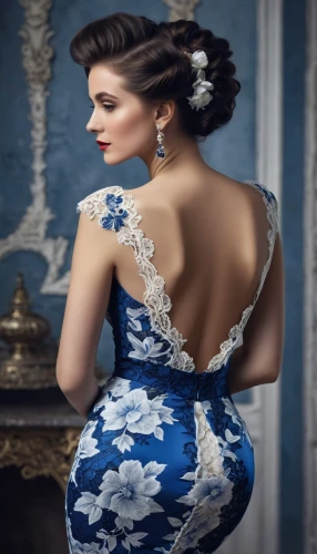 evening dress,deepika padukone,girl in a long dress from the back,blue and white porcelain,jasmine blue,elegant,elegance,mazarine blue,blue and white,royal lace,mazarine blue butterfly,bridal clothing,ball gown,bridal dress,vintage floral,back view,blue chrysanthemum,white and blue china,sari,blue dress,Photography,General,Natural