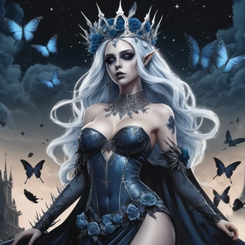 blue enchantress,ice queen,queen of the night,the snow queen,dark elf,fantasy woman,fairy queen,fantasy art,white rose snow queen,winterblueher,fantasy picture,sorceress,fantasy portrait,the enchantress,holly blue,lady of the night,priestess,faerie,zodiac sign libra,goddess of justice