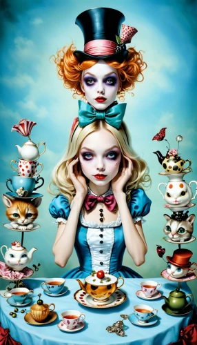 alice in wonderland,tea party collection,tea party,girl with cereal bowl,alice,teacup,cake stand,tea party cat,tea cups,doll kitchen,confectioner,porcelain dolls,tea service,hatter,high tea,wonderland,tea time,teatime,cup and saucer,joint dolls,Illustration,Abstract Fantasy,Abstract Fantasy 11