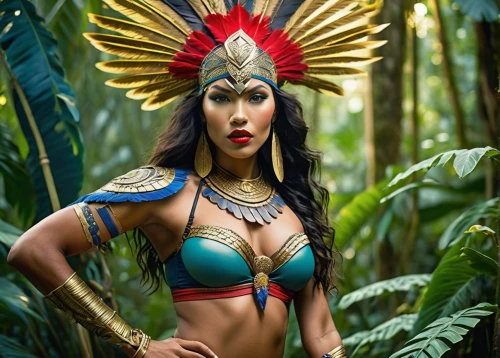 polynesian,cleopatra,pocahontas,warrior woman,polynesian girl,polynesia,tribal,tribal chief,inka,asian costume,aztec,female warrior,bodypaint,ancient costume,peruvian women,headdress,fantasy woman,native american,brazil carnival,marvel of peru,Illustration,Retro,Retro 06