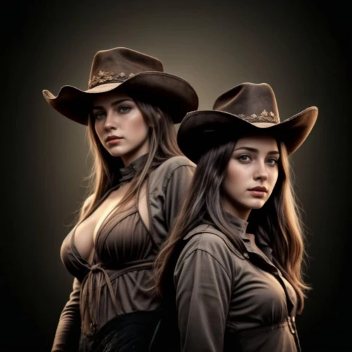 cowgirls,wild west,cowboys,sheriff,western,leather hat,western film,western riding,revolvers,country-western dance,witch's hat icon,sisters,cowboy hat,duo,western pleasure,the hat-female,cowgirl,musketeers,guards of the canyon,twins