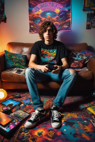 the living room of a photographer,gamecube,studio couch,controller jay,turnover,gamer zone,trip computer,lava lamp,couch,pandabear,game room,room boy,dj,kaleidoscope website,caveman,studio photo,bean bag chair,tapestry,sega genesis,psychedelic art,Illustration,Paper based,Paper Based 01