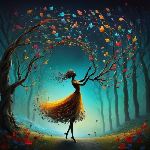 ballerina in the woods,autumn background,girl with tree,faerie,fairies aloft,forest of dreams,throwing leaves,fairy forest,autumn theme,falling on leaves,autumn forest,the autumn,fairy world,autumn leaves,autumn tree,enchanted forest,faery,fairy queen,light of autumn,fairy tale character,Illustration,Abstract Fantasy,Abstract Fantasy 01