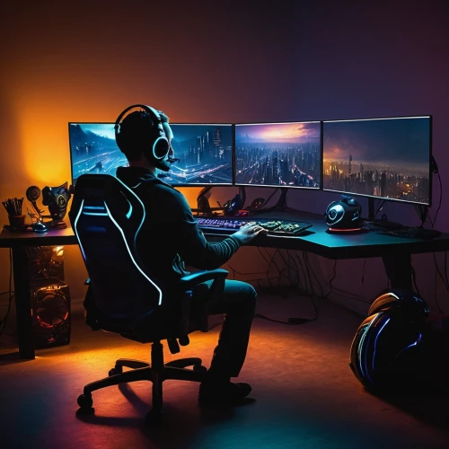 computer desk,computer workstation,man with a computer,new concept arms chair,visual effect lighting,computer room,fractal design,music workstation,night administrator,gamer zone,desk,setup,lan,lures and buy new desktop,creative office,monitors,desk lamp,man silhouette,pc,cyberpunk,Conceptual Art,Daily,Daily 18