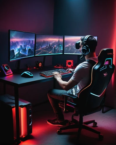 computer workstation,computer room,computer desk,gamer zone,fractal design,creative office,simulator,vr,gaming,monitors,working space,new concept arms chair,lan,computer game,vr headset,b3d,cyberpunk,gamer,pc,game room,Conceptual Art,Oil color,Oil Color 07