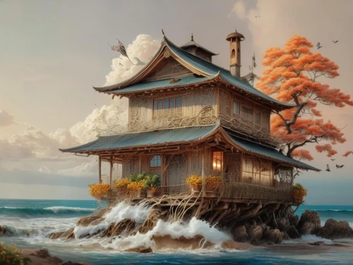 house of the sea,fisherman's house,asian architecture,house by the water,fantasy landscape,house with lake,wooden house,ancient house,fantasy picture,lonely house,chinese temple,stilt house,fisherman's hut,floating island,japanese art,world digital painting,japanese architecture,lifeguard tower,tree house,oriental painting