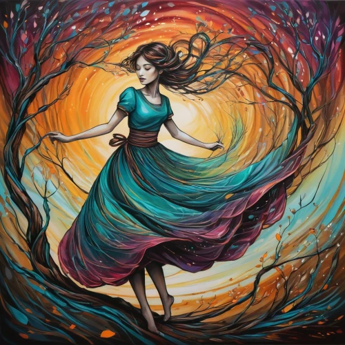 dance with canvases,girl in a long dress,dancing flames,ballerina in the woods,boho art,girl with tree,firedancer,whirling,woman playing,fire dancer,mystical portrait of a girl,little girl in wind,fire dance,fabric painting,fae,flamenco,fire artist,swirling,fantasy art,kahila garland-lily,Illustration,Realistic Fantasy,Realistic Fantasy 23