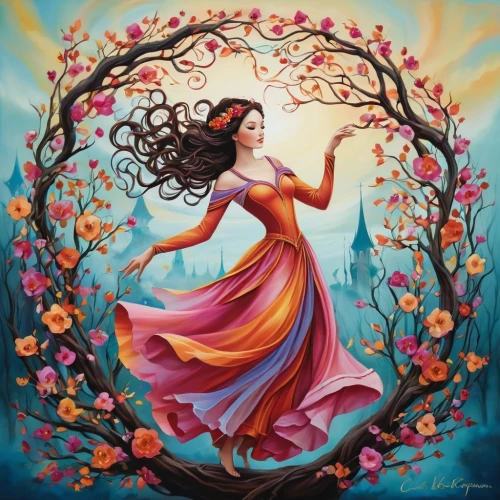 girl in flowers,rosa 'the fairy,boho art,jasmine blossom,spring equinox,faerie,hula,blossoming apple tree,half lotus tree pose,girl in a wreath,radha,mystical portrait of a girl,girl with tree,flower fairy,gracefulness,flamenco,flourishing tree,the enchantress,woman playing,faery,Illustration,Abstract Fantasy,Abstract Fantasy 10