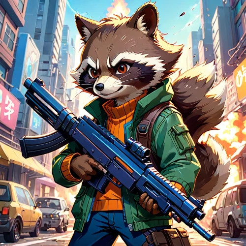 rocket raccoon,free fire,raccoon,rocket,raccoons,north american raccoon,badger,game art,cg artwork,furta,game illustration,fox,gangstar,hk,would a background,mustelid,mercenary,holding a gun,fire background,renegade,Anime,Anime,Realistic