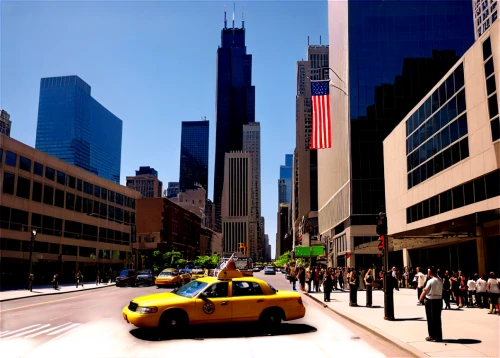 financial district,city scape,chicago,tall buildings,world trade center,5th avenue,sears tower,50th street,business district,willis tower,midtown,freedom tower,chicago skyline,new york,wall street,1wtc,1 wtc,stock exchange broker,city life,yellow cab,Illustration,American Style,American Style 09