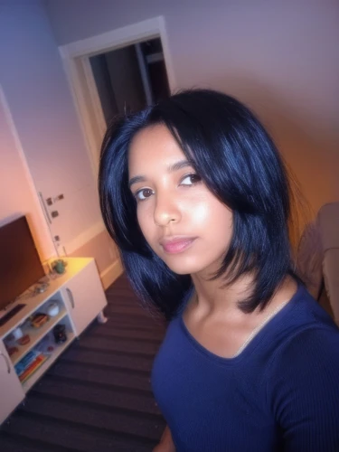 bob cut,room lighting,indian girl,kamini,blue hair,indian,blue background,jasmine blue,fisheye lens,smooth hair,blue and white,pooja,jasmine bush,blur office background,pixie-bob,blank profile picture,ethiopian girl,web cam,asymmetric cut,short blond hair,Illustration,American Style,American Style 11