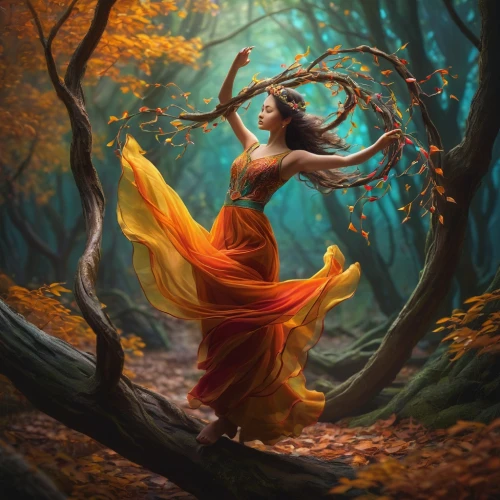 ballerina in the woods,faerie,fantasy picture,dryad,fantasy art,faery,autumn background,autumn theme,autumn forest,fairies aloft,the enchantress,forest of dreams,fire dancer,fae,light of autumn,mystical portrait of a girl,fantasy woman,world digital painting,enchanted forest,throwing leaves,Conceptual Art,Fantasy,Fantasy 16