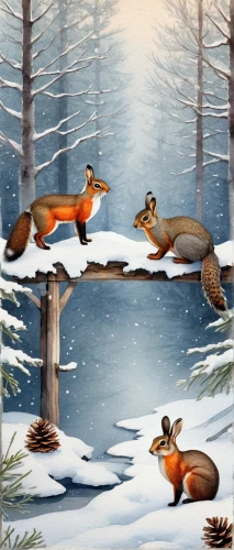 winter animals,woodland animals,fox stacked animals,forest animals,christmas buffalo raccoon and deer,christmas animals,snow scene,hares,hare trail,fox hunting,winter deer,hunting scene,deer illustration,foxes,buckthorn family,christmas snowy background,animals hunting,winter background,whimsical animals,fox and hare,Photography,Documentary Photography,Documentary Photography 06