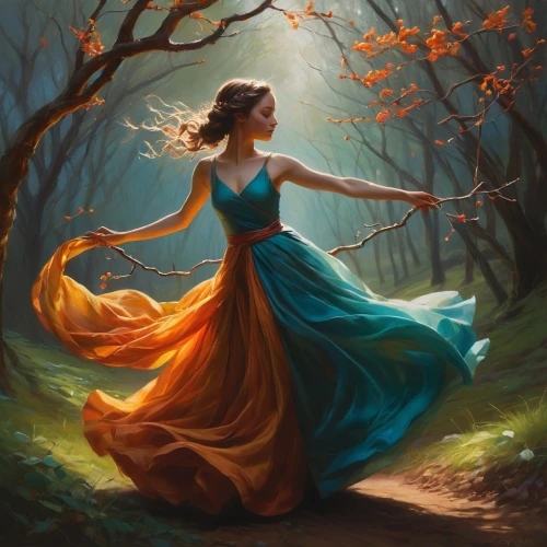 ballerina in the woods,girl in a long dress,fantasy picture,faerie,woman playing,mystical portrait of a girl,throwing leaves,celtic woman,gracefulness,world digital painting,twirl,twirling,fantasy art,autumn background,girl with tree,faery,falling on leaves,light of autumn,autumn idyll,little girl in wind,Conceptual Art,Oil color,Oil Color 12