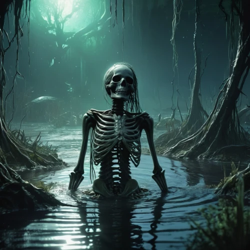 bayou,vintage skeleton,skeletal,skeleton,human skeleton,skull rowing,skeletons,life after death,scull,swamp,dance of death,dark art,the body of water,skeleltt,swampy landscape,backwater,macabre,day of the dead skeleton,sunken,danse macabre,Illustration,Realistic Fantasy,Realistic Fantasy 47