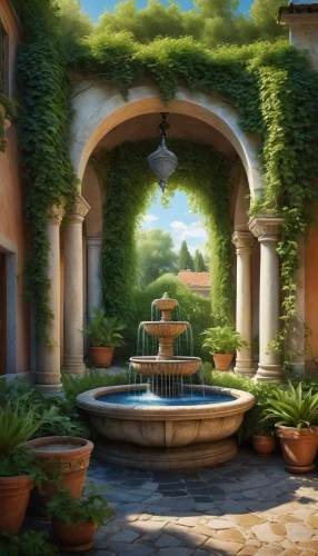 home landscape,cartoon video game background,water fountain,landscaping,rose arch,pergola,roof landscape,landscape background,oasis,gardens,courtyard,rosarium,fountain,garden of the fountain,clove garden,garden of plants,secret garden of venus,backgrounds,stone fountain,spa town,Art,Classical Oil Painting,Classical Oil Painting 27