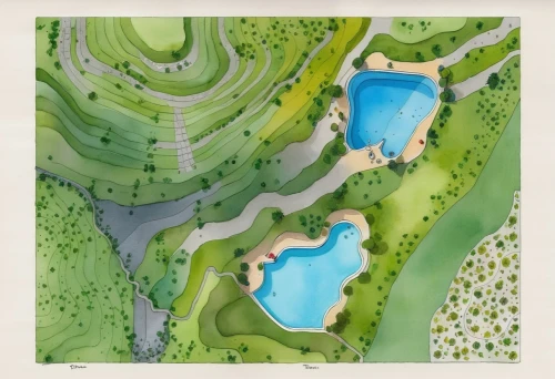 meanders,landscape plan,aerial landscape,landform,swim ring,artificial islands,water courses,mountain spring,tree tops,green trees with water,thermal spring,vegetables landscape,crescent spring,treetops,aeolian landform,terraces,swimming pool,floating islands,green valley,green landscape,Illustration,Paper based,Paper Based 07