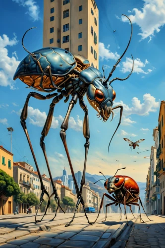 sci fiction illustration,artificial fly,insects,arthropods,beetles,ants,bugs,ant,blue-winged wasteland insect,arthropod,insecticide,carpenter ant,dengue,world digital painting,flying insect,invasion,mantidae,colony,entomology,black ant