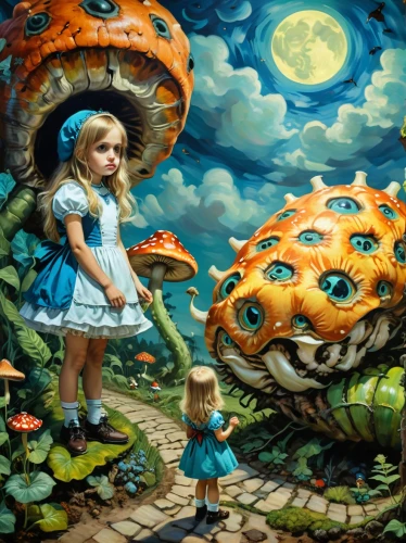 mushroom landscape,fantasy art,alice in wonderland,fantasy picture,3d fantasy,fairy world,fractals art,children's background,alice,little girl with balloons,wonderland,psychedelic art,dream world,children's fairy tale,surrealism,toadstools,fantasy world,toadstool,blue mushroom,agaric