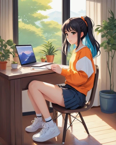 girl studying,girl at the computer,citrus,desk,girl sitting,study room,classroom,illustrator,computer addiction,laptop,online date,writer,sitting,computer,workspace,study,girl drawing,working space,hinata,desk top,Illustration,Retro,Retro 19