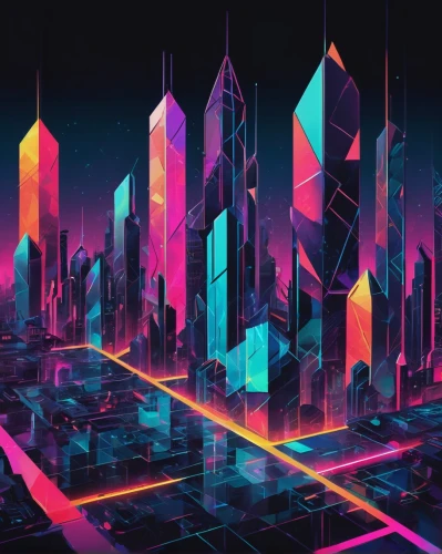 colorful city,cityscape,neon arrows,metropolis,city blocks,cyberpunk,cities,80's design,futuristic landscape,city skyline,futuristic,fantasy city,city cities,neon ghosts,city trans,city,neon,skyscrapers,80s,cubes,Conceptual Art,Sci-Fi,Sci-Fi 06