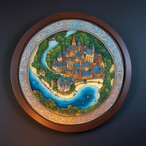 circular puzzle,shanghai disney,map icon,planisphere,decorative plate,wooden plate,tokyo disneysea,icon magnifying,wall plate,world clock,yard globe,terrestrial globe,fantasy city,wall clock,coaster,circle shape frame,fairy tale icons,hobbiton,harmonia macrocosmica,circular ornament,Illustration,Realistic Fantasy,Realistic Fantasy 04