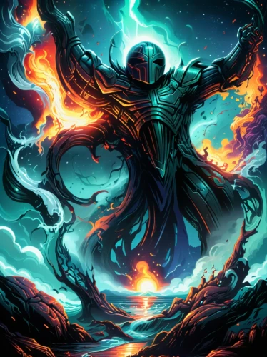 magus,dancing flames,dodge warlock,god of the sea,poseidon,pillar of fire,prophet,death god,firedancer,fire artist,cg artwork,sea god,shaper,grimm reaper,flame spirit,wizard,astral traveler,fantasy art,mage,cuthulu,Illustration,Realistic Fantasy,Realistic Fantasy 25