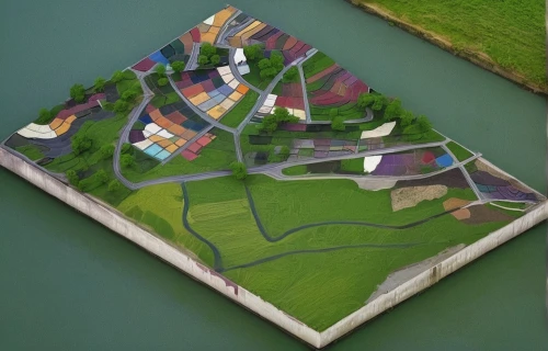 artificial islands,floating islands,artificial island,escher village,polder,the netherlands,tileable patchwork,dutch landscape,island poel,town planning,aerial landscape,river delta,farmlands,uninhabited island,willemstad,popeye village,relief map,skyscraper town,floating island,tileable