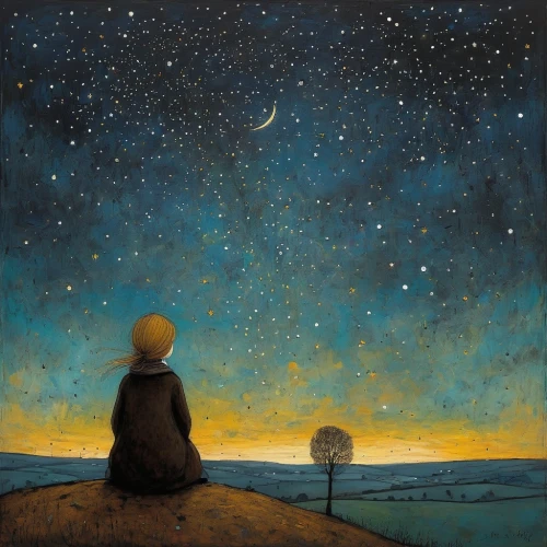 astronomer,meditation,starry sky,starry night,falling stars,falling star,starfield,loneliness,the night sky,stargazing,the moon and the stars,the stars,night stars,solitude,to be alone,pilgrim,night scene,starscape,the horizon,lonely child,Art,Artistic Painting,Artistic Painting 49