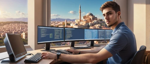 man with a computer,blur office background,stock exchange broker,hardware programmer,programmer,stock trader,desktop support,software engineering,web developer,computer monitor,developer,computer business,trading floor,computer workstation,blockchain management,day trading,software developer,coder,digital compositing,full stack developer,Illustration,Realistic Fantasy,Realistic Fantasy 43