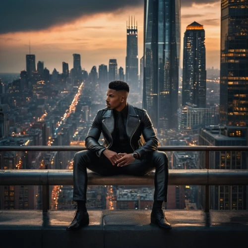 a black man on a suit,black businessman,above the city,top of the rock,black suit,african businessman,ceo,billionaire,dark suit,spotify icon,abel,novelist,city youth,city view,superhero background,black professional,african american male,thinking man,black city,the suit,Photography,General,Fantasy