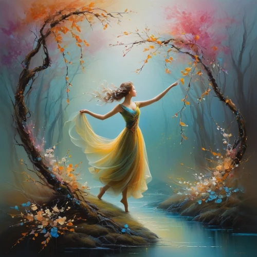 ballerina in the woods,fantasy picture,faerie,fantasia,faery,fae,cinderella,fairies aloft,mystical portrait of a girl,throwing leaves,fairy queen,falling flowers,rosa 'the fairy,fantasy art,dance with canvases,forest of dreams,fairy tale character,world digital painting,girl with tree,girl in a long dress,Illustration,Realistic Fantasy,Realistic Fantasy 16
