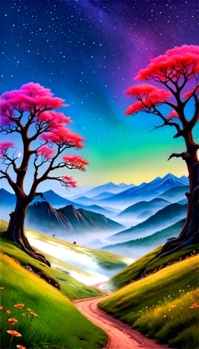 landscape background,colorful tree of life,purple landscape,fantasy landscape,colorful background,background colorful,mountain landscape,mushroom landscape,tree grove,nature landscape,painted tree,forest landscape,mountain scene,desert landscape,tree tops,world digital painting,dune landscape,high landscape,mountainous landscape,fantasy picture,Illustration,Realistic Fantasy,Realistic Fantasy 31