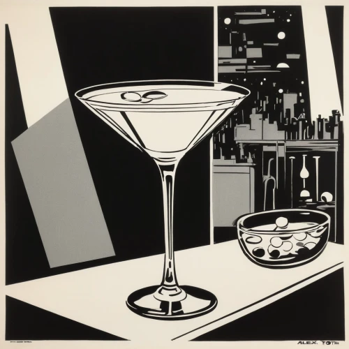 martini glass,vodka martini,martini,gimlet,stemware,corpse reviver,classic cocktail,snifter,absinthe,art deco,cocktail,an empty glass,cocktail glass,cocktails,art deco woman,roy lichtenstein,matruschka,spy-glass,roaring twenties,wineglass,Illustration,Black and White,Black and White 10