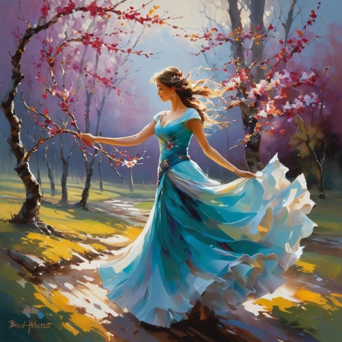 girl in a long dress,springtime background,spring morning,oil painting on canvas,splendor of flowers,fantasy picture,blue birds and blossom,spring blossom,oil painting,art painting,girl in flowers,blossoming apple tree,blue moon rose,girl in the garden,spring background,cinderella,flower painting,fabric painting,landscape background,enchanting,Conceptual Art,Oil color,Oil Color 09
