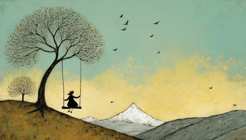 girl with tree,tightrope walker,lone tree,little girl in wind,treeing feist,isolated tree,arborist,tightrope,birch tree illustration,tree thoughtless,book illustration,the pied piper of hamelin,mountain climber,equilibrist,mountain scene,a collection of short stories for children,cardstock tree,the girl next to the tree,climber,windfall,Art,Artistic Painting,Artistic Painting 49