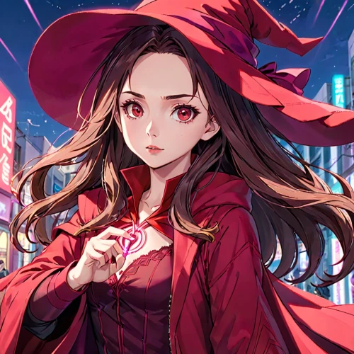 scarlet witch,akko,red coat,red riding hood,little red riding hood,psychic vampire,red cape,azalea,red background,witch's hat icon,vanessa (butterfly),witch,queen of hearts,vampire lady,cg artwork,ruby red,ruby,on a red background,red,crimson,Anime,Anime,Realistic