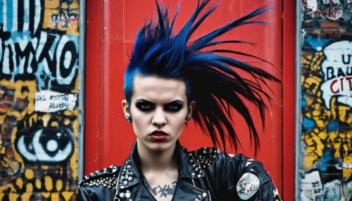 punk,punk design,mohawk,mohawk hairstyle,pompadour,blue hair,grunge,streampunk,rockabilly style,goth woman,feathered hair,blue peacock,graffiti,renegade,rockabella,harley,indigo,grafitti,rockabilly,cyberpunk,Conceptual Art,Graffiti Art,Graffiti Art 03