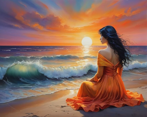 oil painting on canvas,art painting,fantasy picture,oil painting,sun and sea,sea breeze,fantasy art,guiding light,romantic scene,romantic portrait,mystical portrait of a girl,the endless sea,radiance,tramonto,eventide,celtic woman,blue moon rose,girl on the dune,orange robes,the wind from the sea,Conceptual Art,Daily,Daily 32