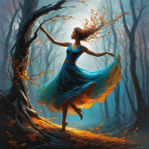 ballerina in the woods,faerie,falling on leaves,fantasy picture,mystical portrait of a girl,girl with tree,throwing leaves,world digital painting,fae,dancing flames,dryad,autumn background,light of autumn,faery,blue enchantress,fire dancer,fantasy art,digital painting,firedancer,the enchantress,Conceptual Art,Fantasy,Fantasy 12