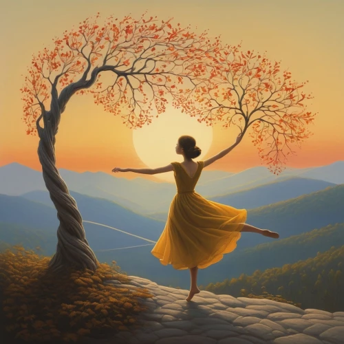 ballerina in the woods,girl with tree,dance with canvases,gracefulness,dance silhouette,tightrope walker,silhouette dancer,little girl twirling,arms outstretched,little girl in wind,woman silhouette,leap for joy,tightrope,fairies aloft,throwing leaves,dancer,orange tree,woman playing,world digital painting,ballroom dance silhouette,Art,Artistic Painting,Artistic Painting 48
